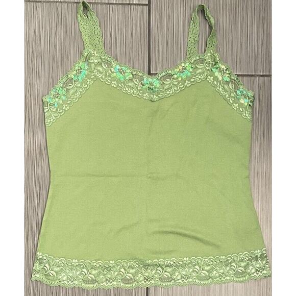 Y2K Lace Trimmed Cami Green Sequins Beaded Size Large Cotton - Picture 1 of 7